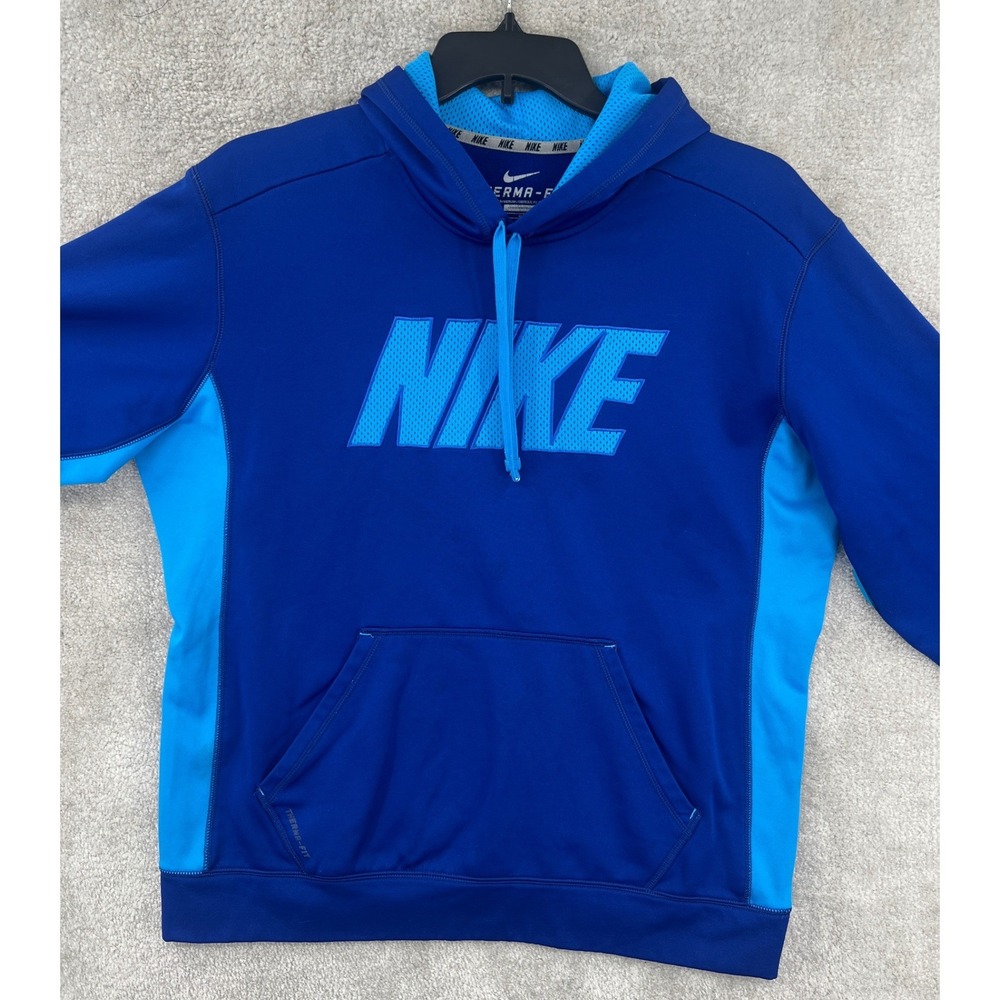 Nike Therma-FIT Hoodie Mens L Blue Pullover Mesh Logo Performance Sweatshirt